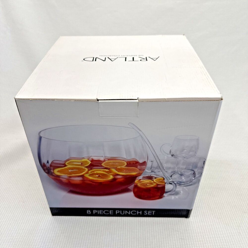 Artland Simplicity Glass Punch Bowl 8 Piece Set - Bowl, Ladle, 6 Cups Orig. Box